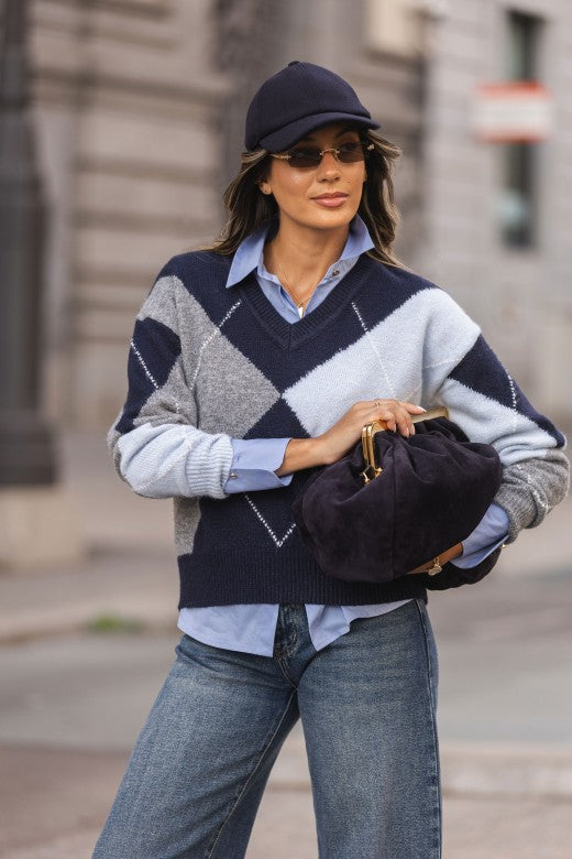 Pullover Azul Marinho Com Padrão De Losangos Ferrache