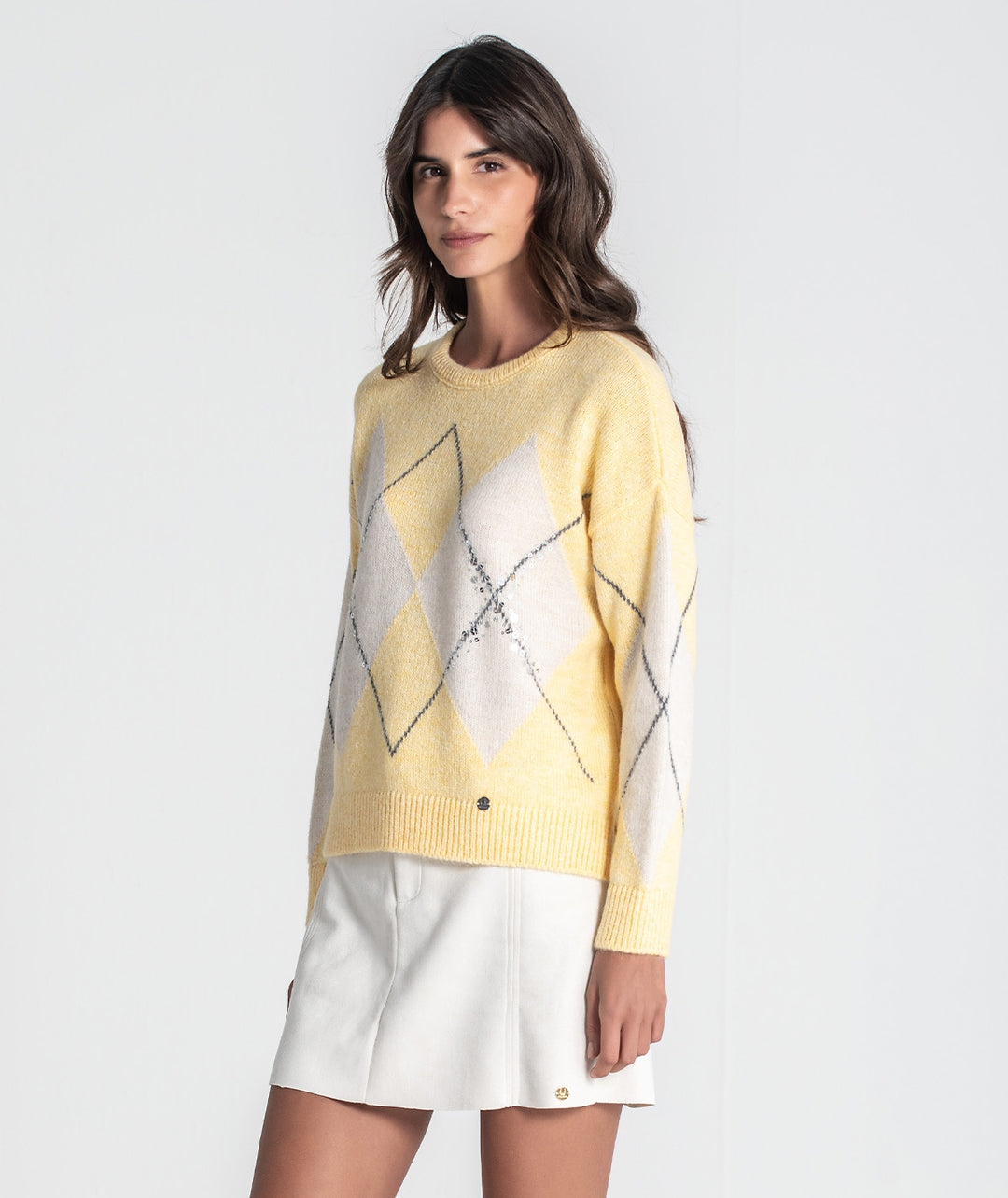 CAMISOLA PADRÃO AMARELO E BEGE COM LANTEJOULAS RUGA