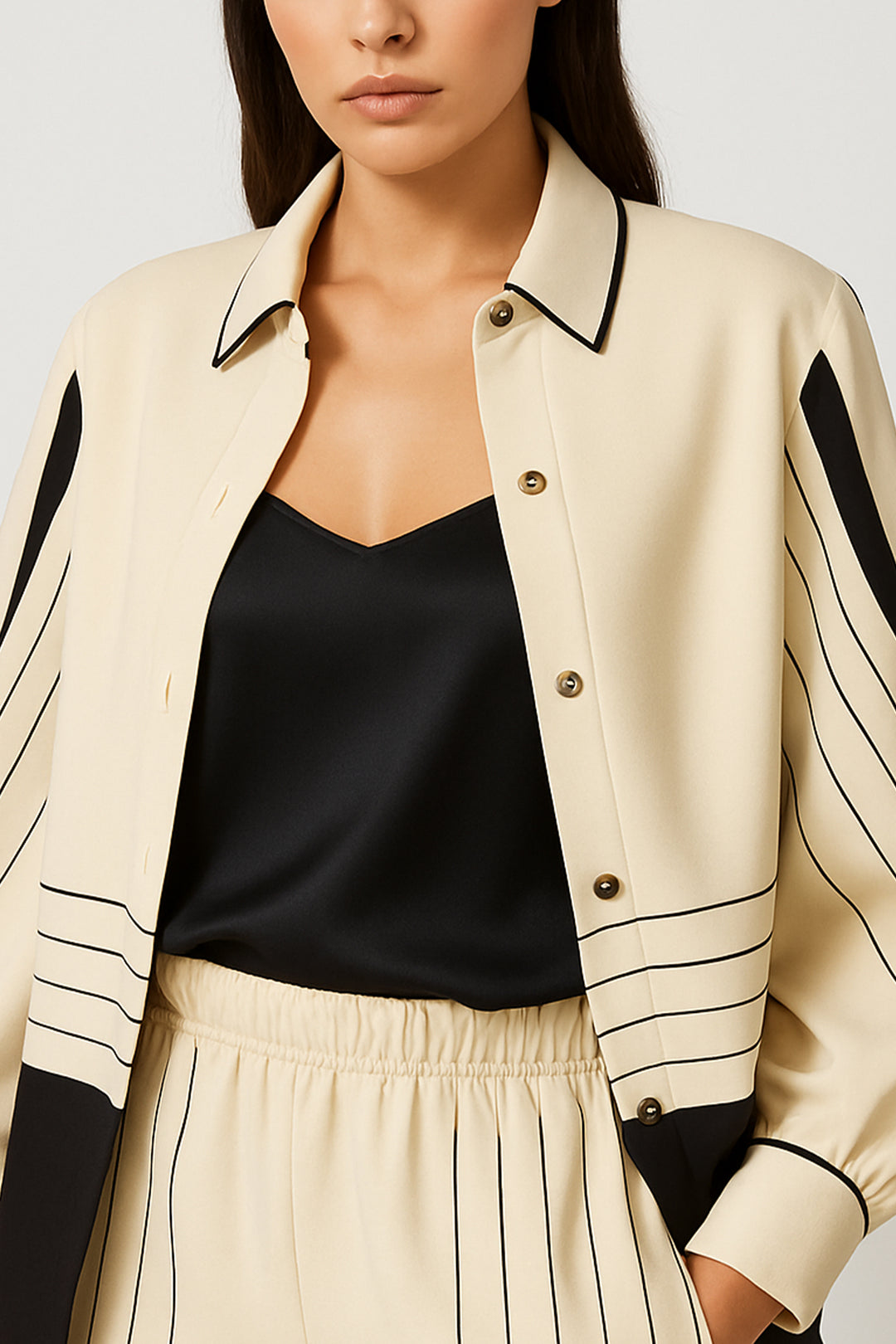 BLUSA CREME COM PADRÃO DE RISCAS SAHOCO
