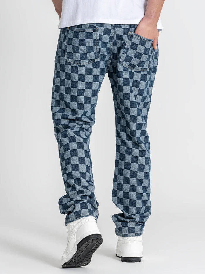 CALÇAS JEANS AZUIS PADRÃO QUADRADOS PONTO CHIC