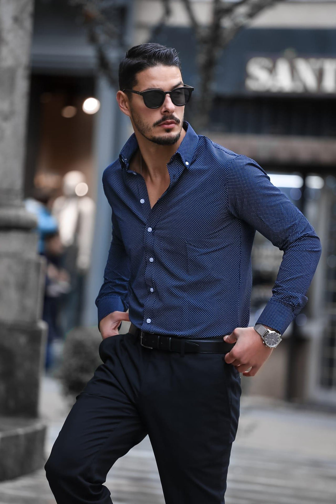 CAMISA AZUL MARINHO ÀS BOLINHAS DONATO