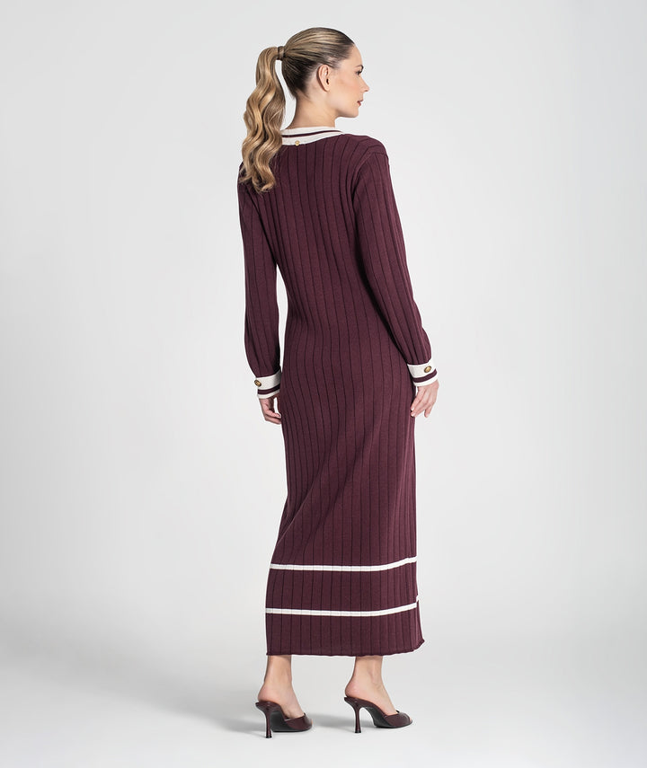 VESTIDO CANELADO BORDEAUX COM CONTRASTE EM ALGODÃO RUGA