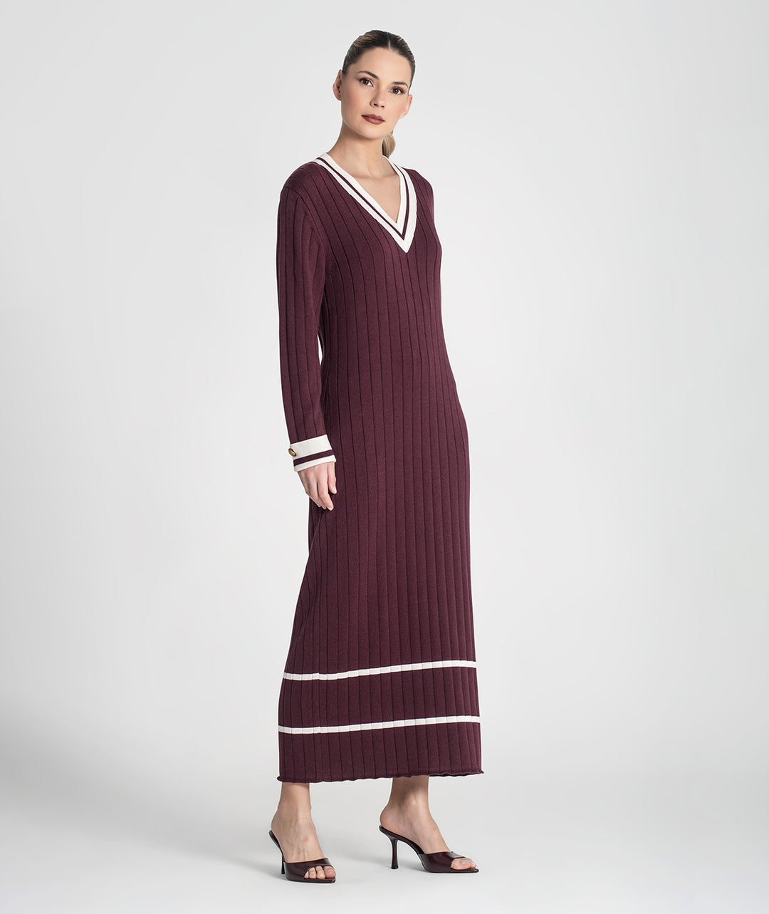 VESTIDO CANELADO BORDEAUX COM CONTRASTE EM ALGODÃO RUGA
