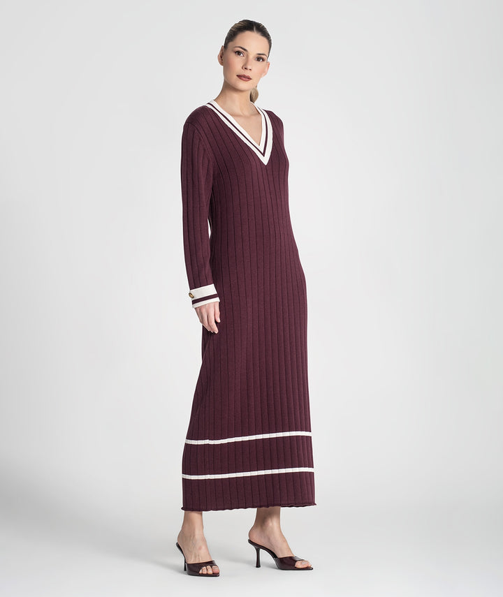 VESTIDO CANELADO BORDEAUX COM CONTRASTE EM ALGODÃO RUGA