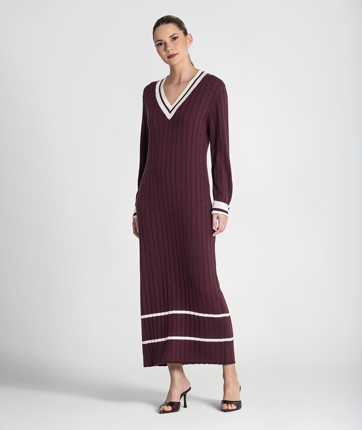 VESTIDO CANELADO BORDEAUX COM CONTRASTE EM ALGODÃO RUGA