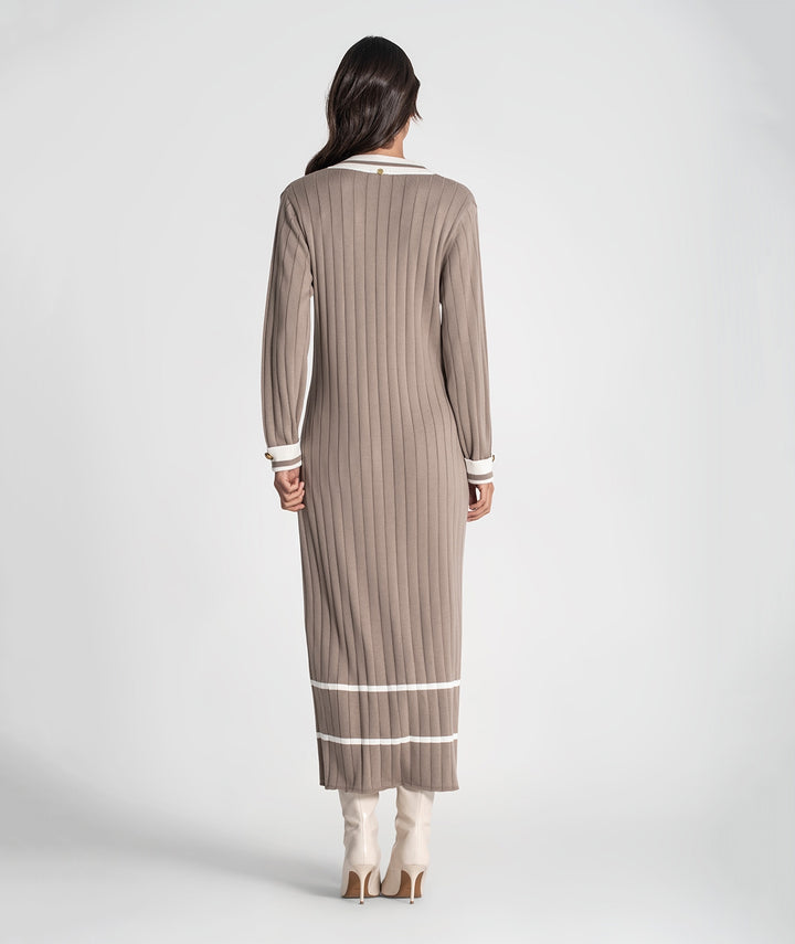 VESTIDO CANELADO NUDE COM CONTRASTE EM ALGODÃO RUGA