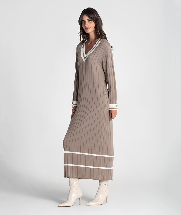 VESTIDO CANELADO NUDE COM CONTRASTE EM ALGODÃO RUGA