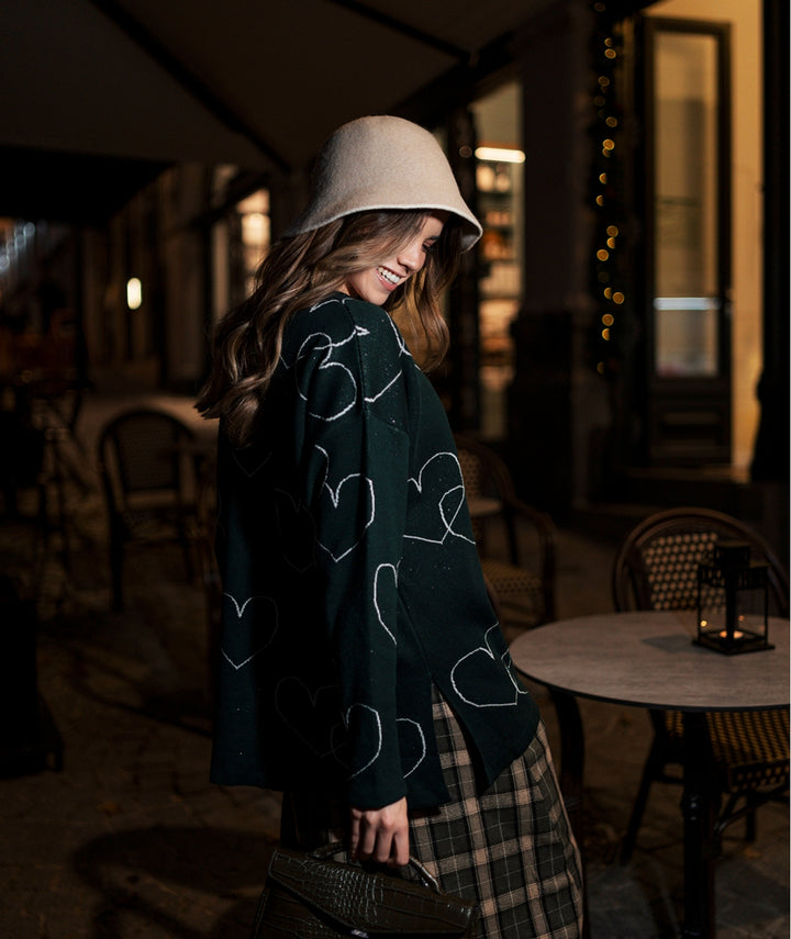 MALHA TRICOT VERDE ESCURO COM CORAÇÕES RUGA