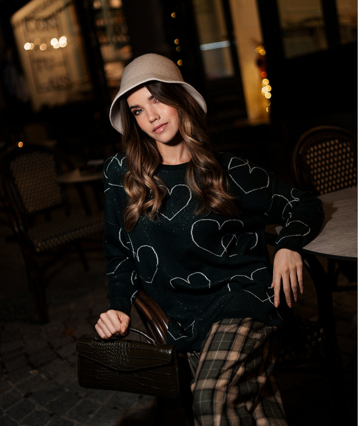 MALHA TRICOT VERDE ESCURO COM CORAÇÕES RUGA