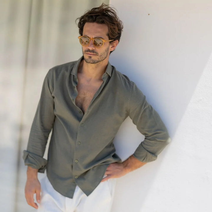 CAMISA DE LINHO GOLA ITALIANA VERDE ESCURO ZOLF