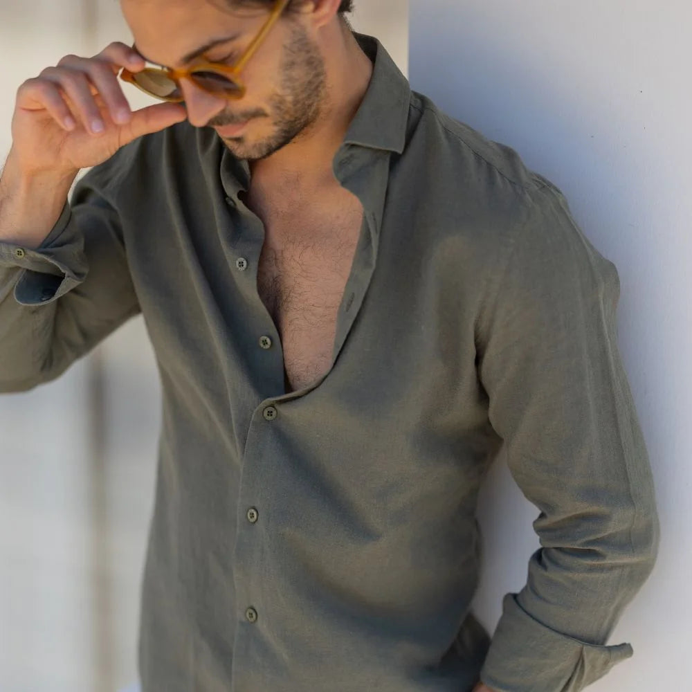 CAMISA DE LINHO GOLA ITALIANA VERDE ESCURO ZOLF