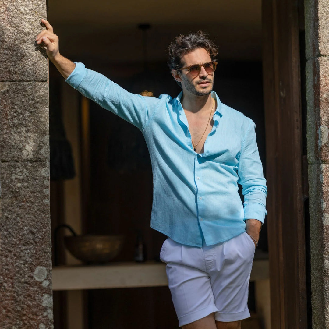 CAMISA GOLA ITALIANA DE LINHO AZUL TURQUESA ZOLF