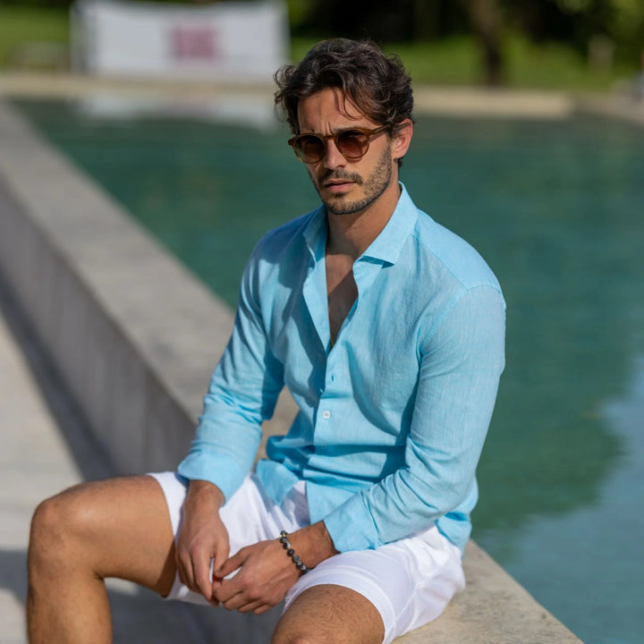 CAMISA GOLA ITALIANA DE LINHO AZUL TURQUESA ZOLF