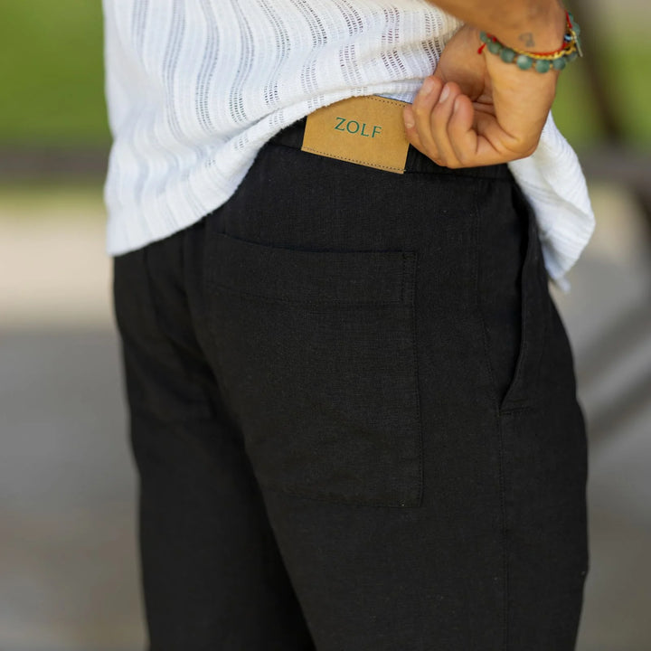 CALÇA DE LINHO COM CORDÃO PRETA ZOLF
