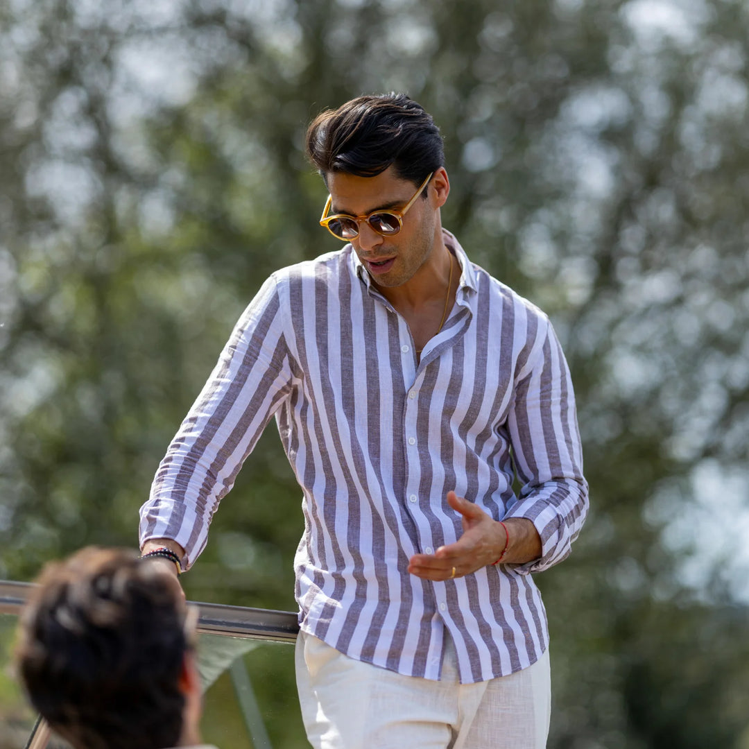 CAMISA DE LINHO RISCA LARGA TAUPE ZOLF