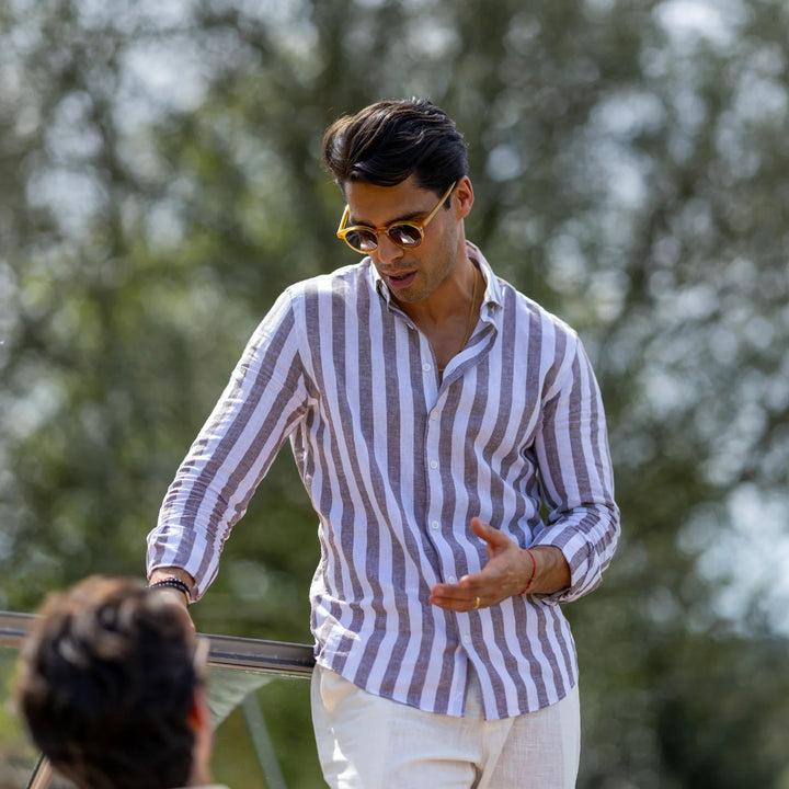 CAMISA DE LINHO RISCA LARGA TAUPE ZOLF