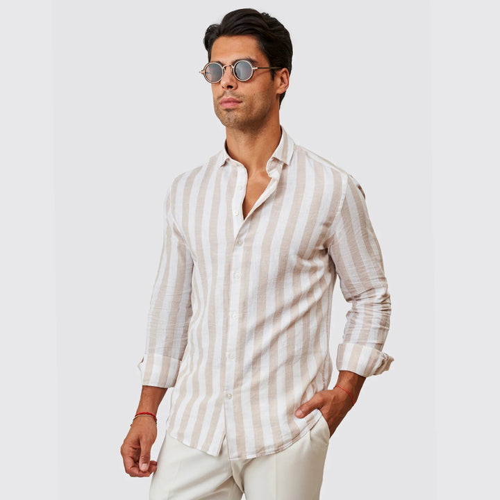 CAMISA DE LINHO RISCA LARGA BEGE ZOLF