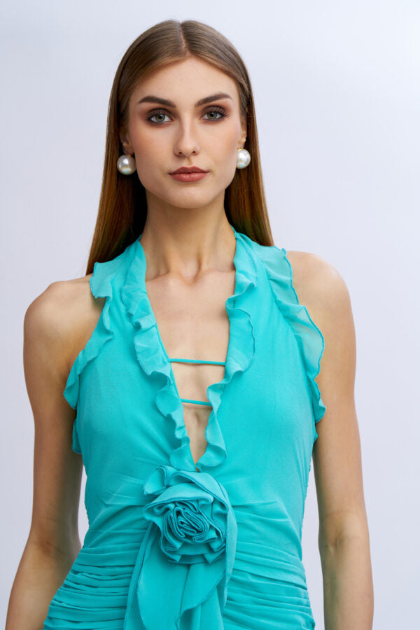 VESTIDO CURTO TURQUESA COM FOLHOS NO SECRETS