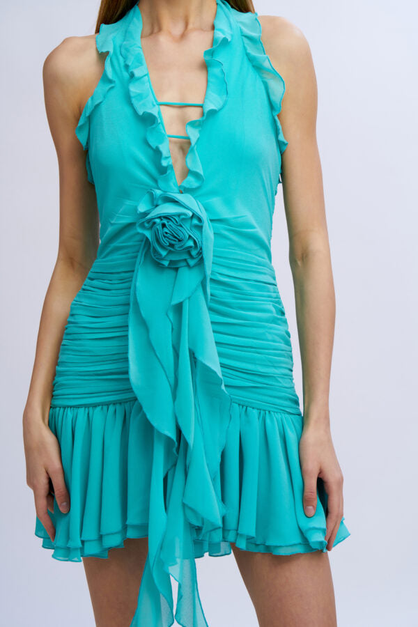 VESTIDO CURTO TURQUESA COM FOLHOS NO SECRETS