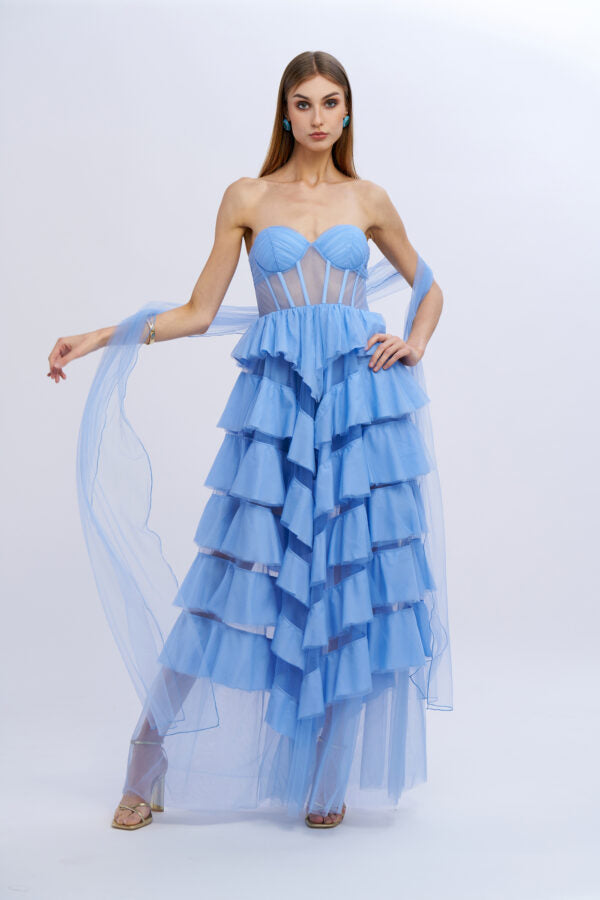 VESTIDO COMPRIDO AZUL COM FOLHOS NO SECRETS