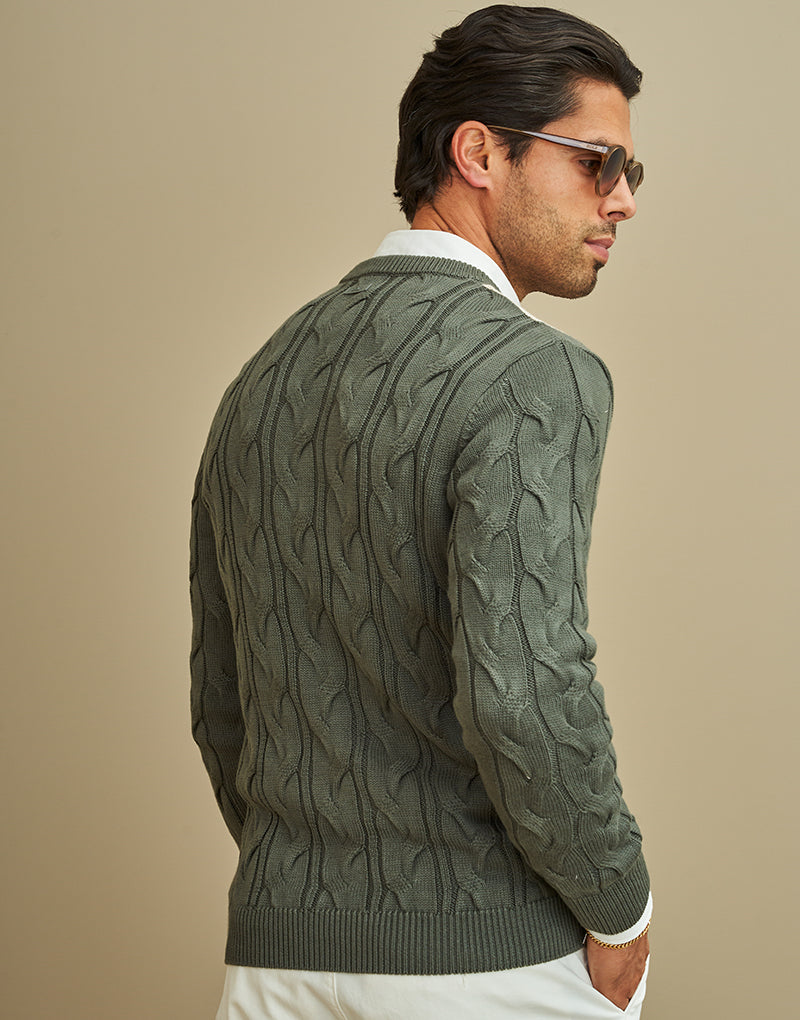 CAMISOLA TRICOT COM RISCAS E TRANÇA VERDE MILITAR ZOLF