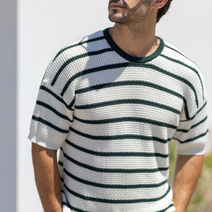 T-SHIRT PONTO CROCHÊ CRU COM RISCA VERDE