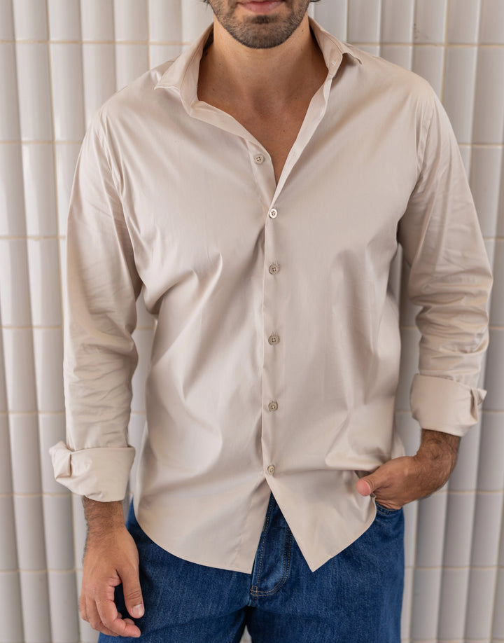 CAMISA BEGE SLIM FIT COM GOLA ITALIANA ZOLF