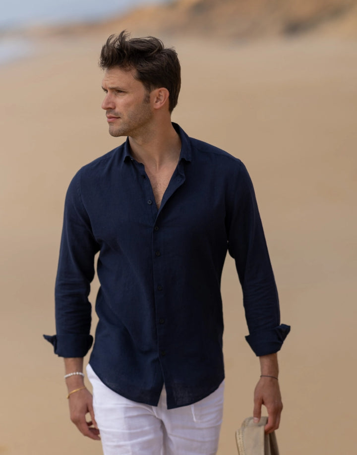 CAMISA DE LINHO GOLA ITALIANA  AZUL ZOLF