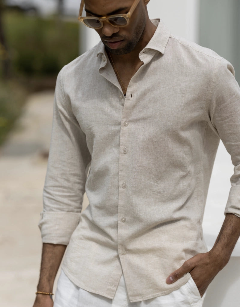 CAMISA DE LINHO GOLA ITALIANA BEGE ZOLF