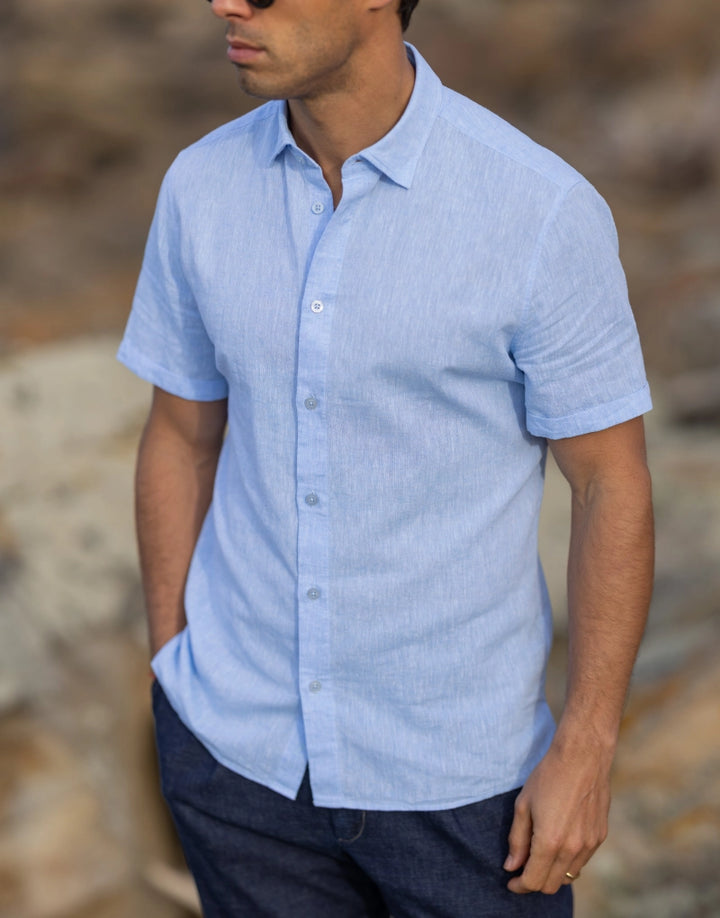 CAMISA DE LINHO MANGA CURTA GOLA ITALIANA AZUL CLARO ZOLF