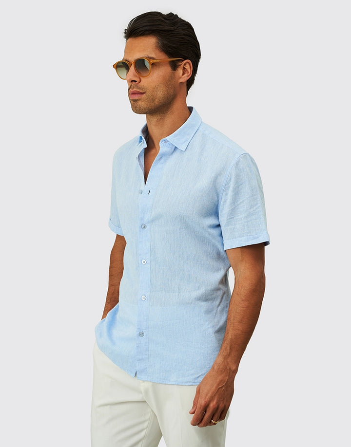 CAMISA DE LINHO MANGA CURTA GOLA ITALIANA AZUL CLARO ZOLF