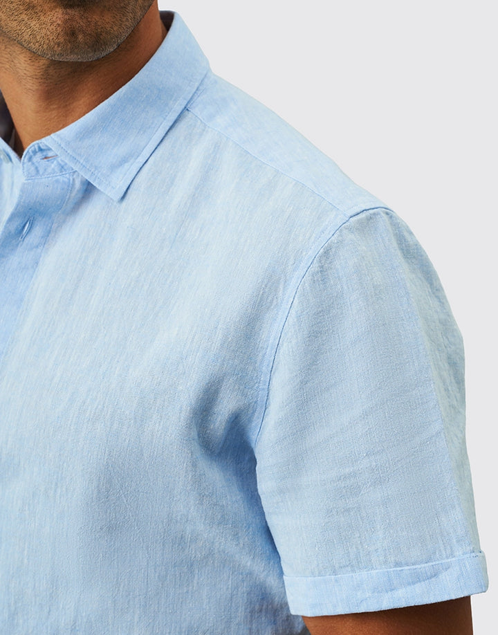 CAMISA DE LINHO MANGA CURTA GOLA ITALIANA AZUL CLARO ZOLF