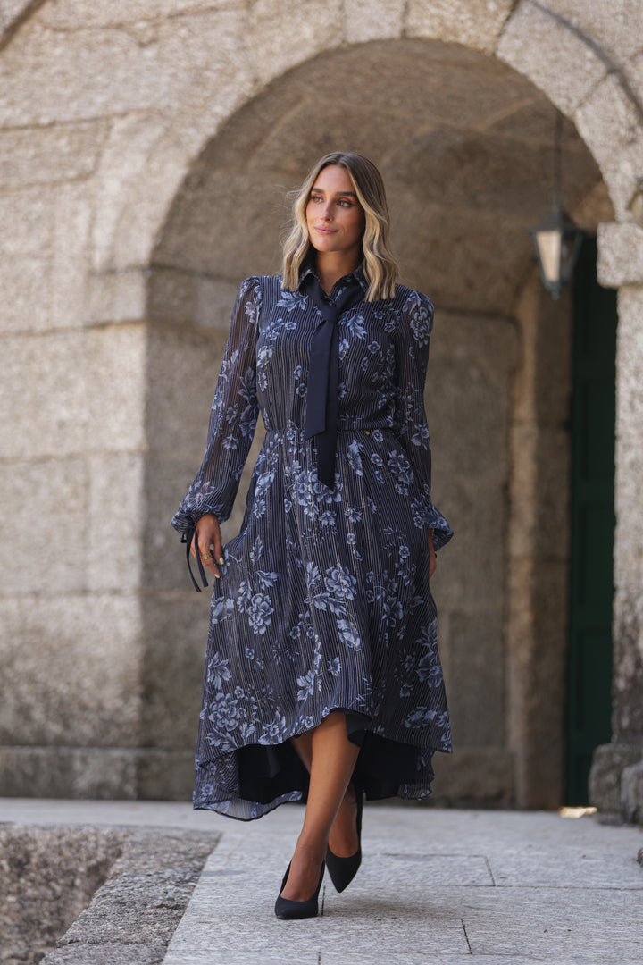 VESTIDO AZUL CAMISEIRO ESTAMPADO FLORAL COM FIO DOURADO MISS YOU