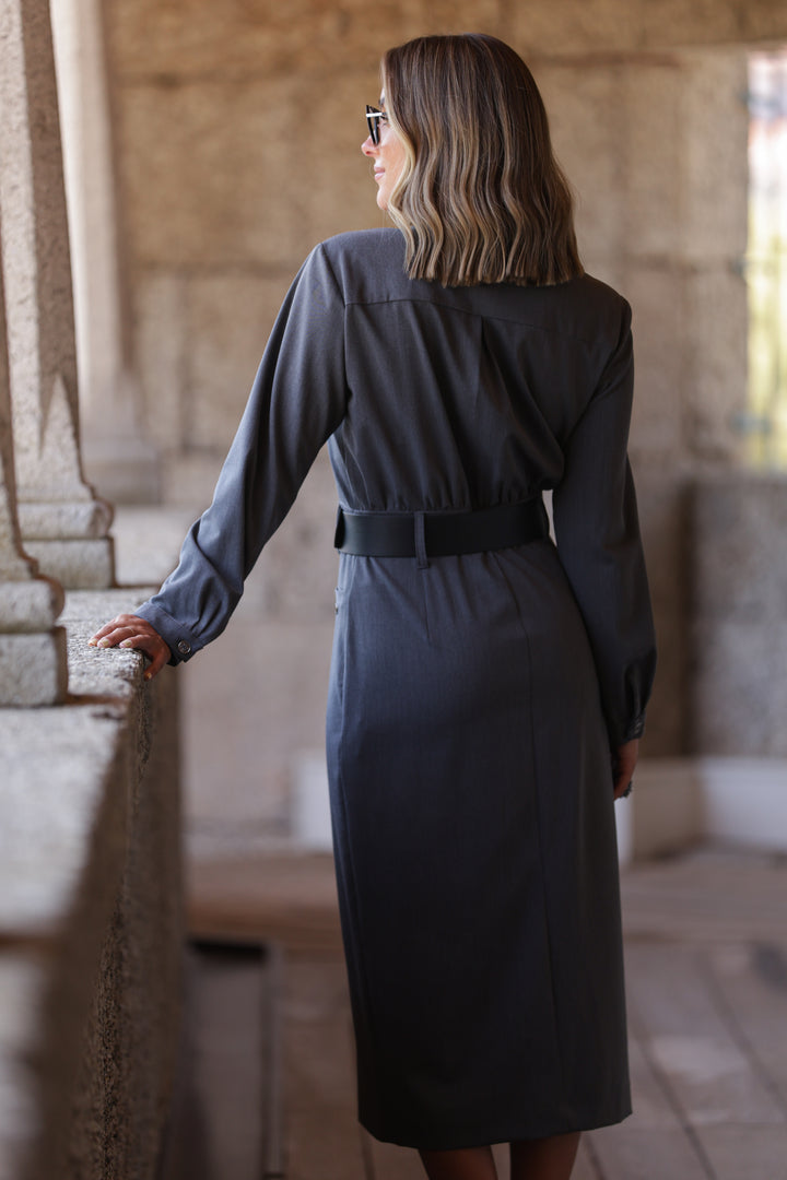 VESTIDO MIDI CINZENTO COM GOLA CAMISEIRO MISS YOU