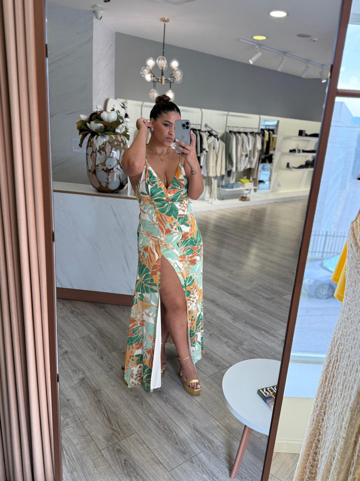 VESTIDO COMPRIDO ESTAMPADO COM RACHA PONTO CHIC