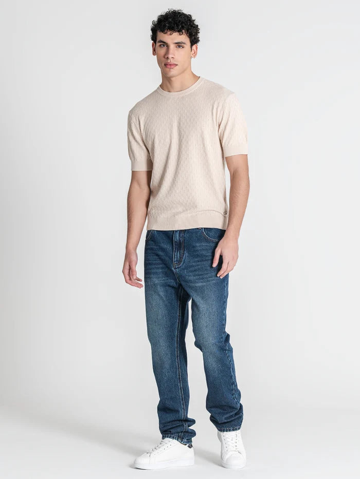 T-SHIRT BEGE EM MALHA QUADRADOS PONTO CHIC