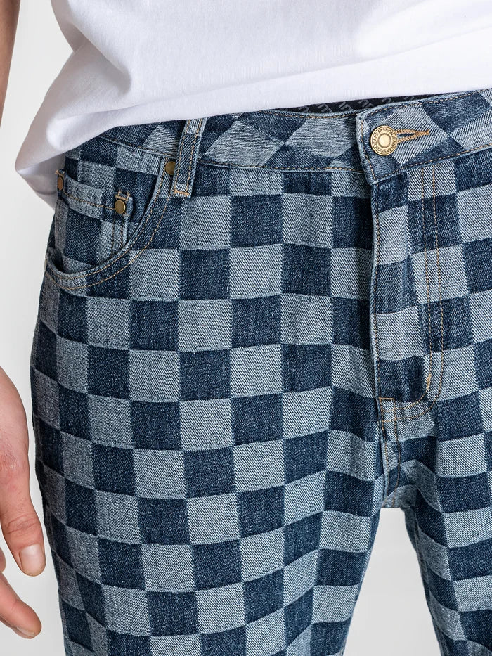 CALÇAS JEANS AZUIS PADRÃO QUADRADOS PONTO CHIC