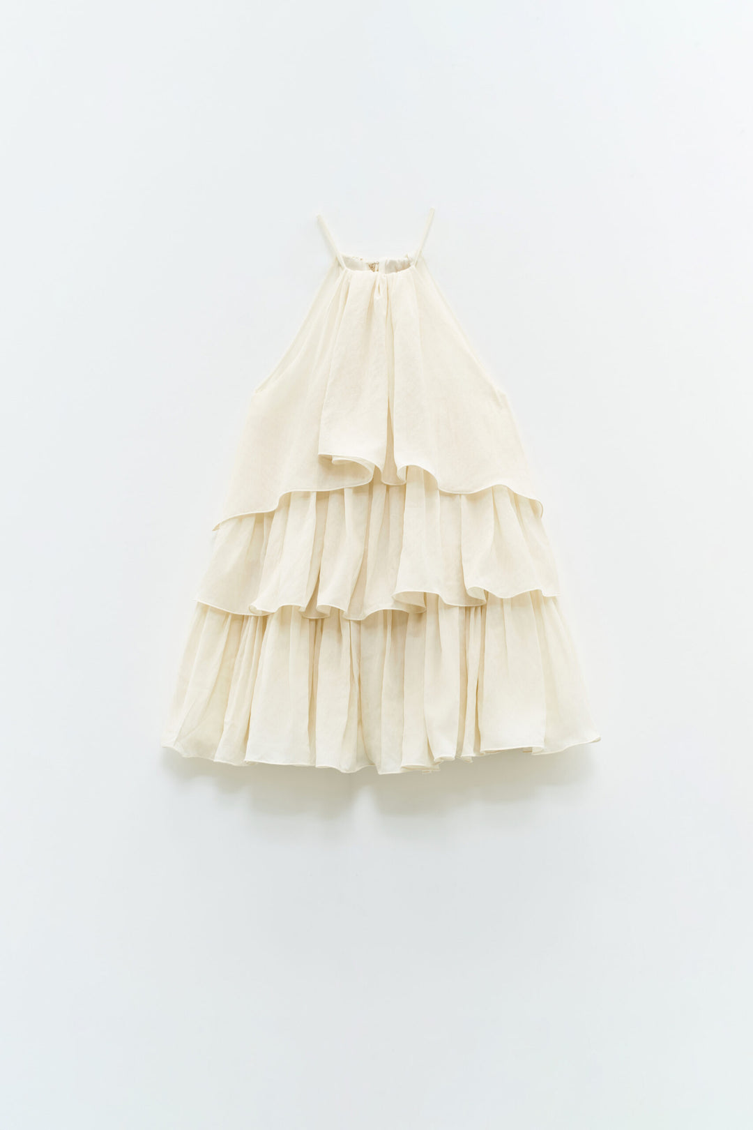 VESTIDO CURTO BEGE COM FOLHOS ELEH