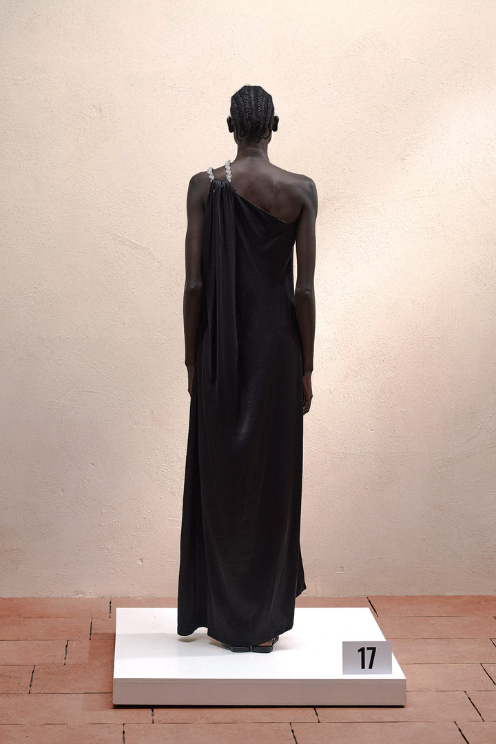 VESTIDO LONGO ACETINADO PRETO DE OMBRO EM BRILHO ELEH