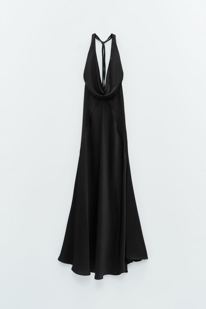 VESTIDO ACETINADO PRETO COM DECOTE ELEH