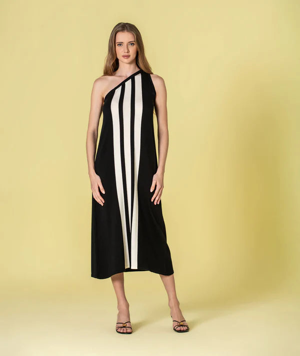 VESTIDO PRETO DE MALHA COM LISTAS CONTRASTANTES RUGA