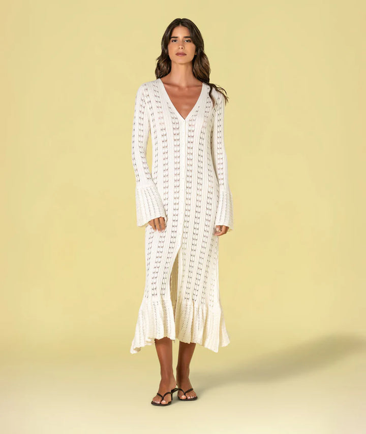 VESTIDO BEGE DE MALHA RENDADA COM BOTÕES RUGA
