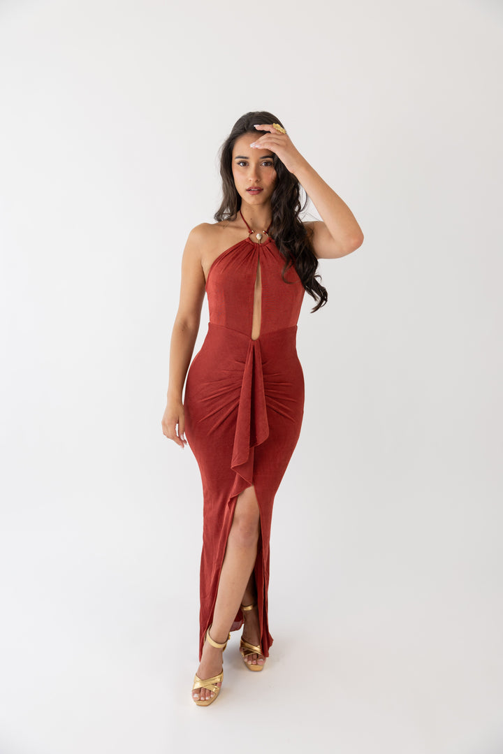 VESTIDO COMPRIDO BORDO DRAPEADO PONTO CHIC
