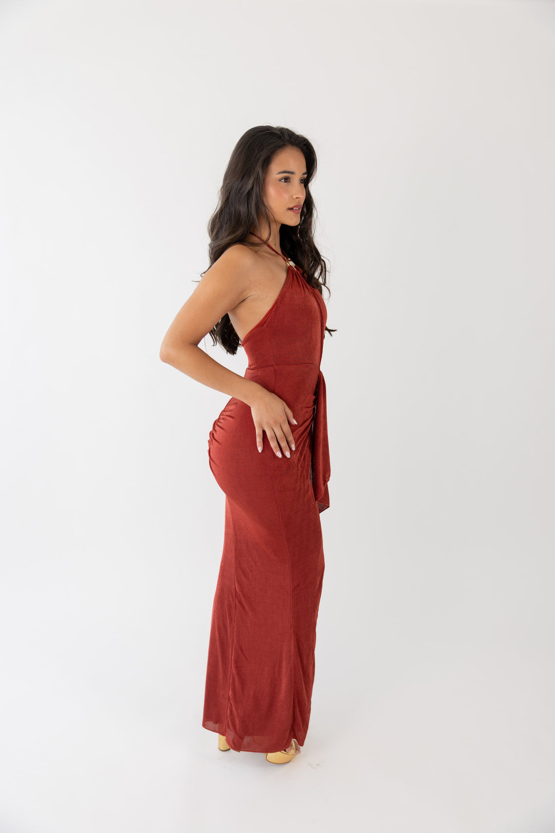 VESTIDO COMPRIDO BORDO DRAPEADO PONTO CHIC