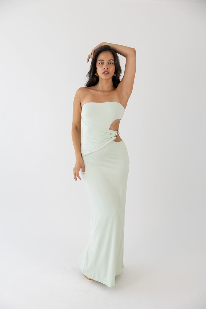 VESTIDO VERDE ÁGUA COM FIVELA PONTO CHIC