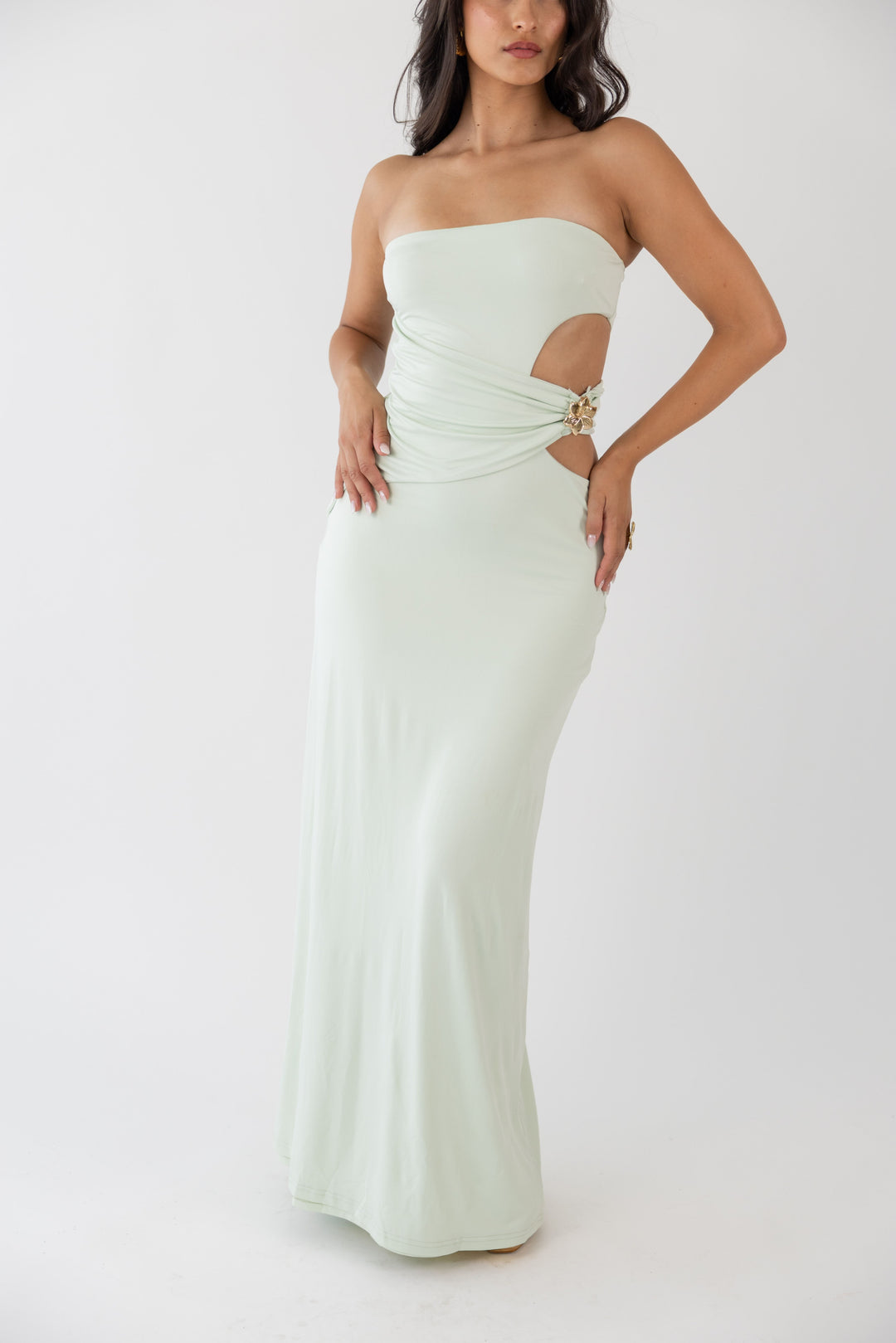 VESTIDO VERDE ÁGUA COM FIVELA PONTO CHIC