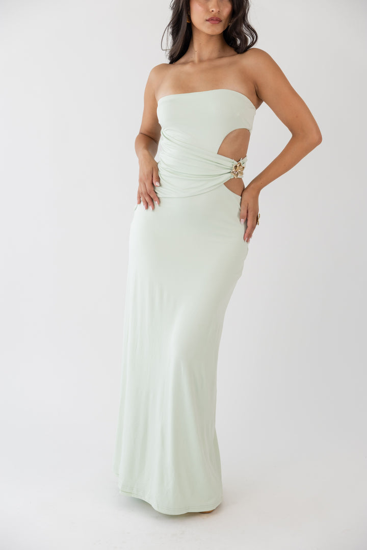 VESTIDO VERDE ÁGUA COM FIVELA PONTO CHIC