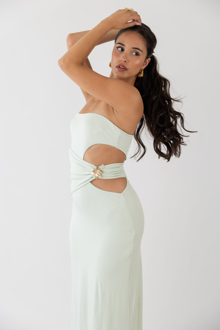 VESTIDO VERDE ÁGUA COM FIVELA PONTO CHIC