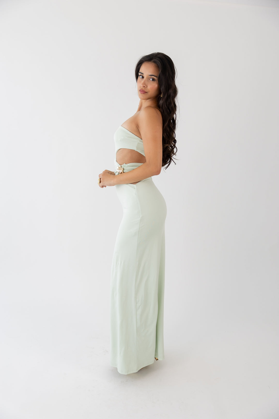VESTIDO VERDE ÁGUA COM FIVELA PONTO CHIC
