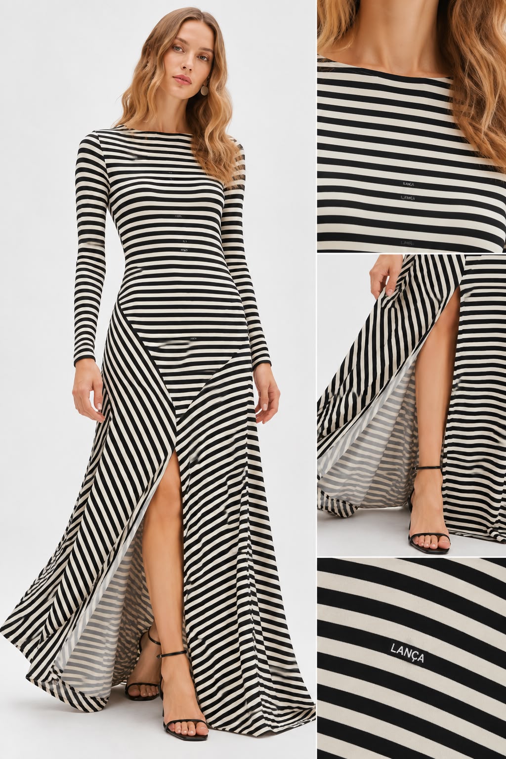 VESTIDO COMPRIDO ÀS RISCAS PRETO E CRU COM RECORTE ASSIMÉTRICO LANÇA PERFUME